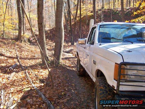 White pickup truck on a wooded trail with fall foliage