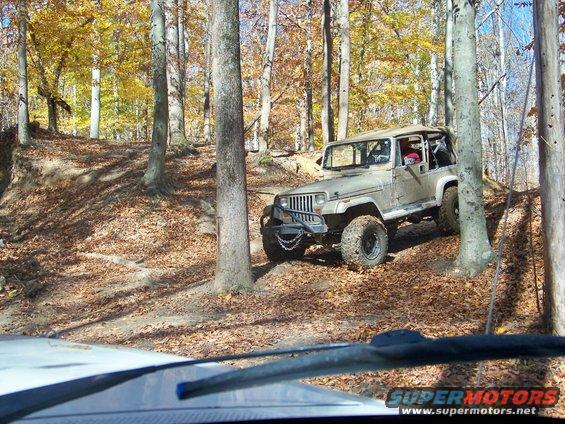 Jeep Wrangler with aftermarket bumper and off-road tires driving on a dirt path in a forest with fall foliage