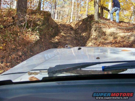 View from inside a vehicle looking up an off-road trail with trees and fallen leaves