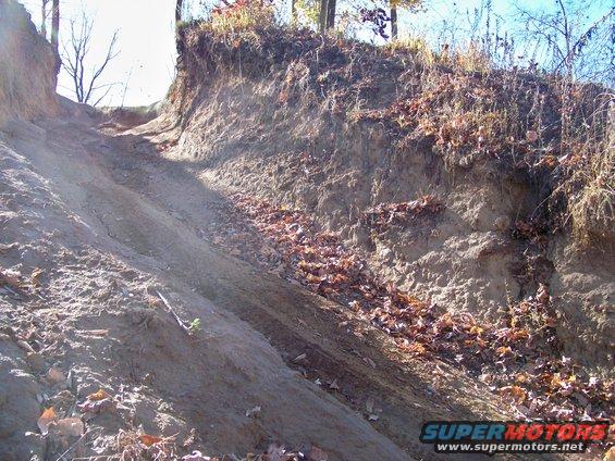 steep dirt hill with tire tracks going up, fallen leaves on the side, trees and sky above