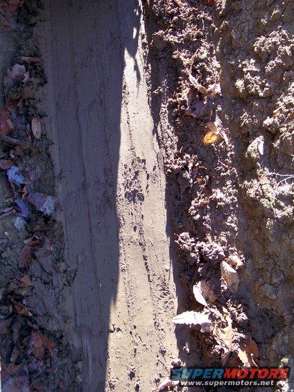 Tire tracks in dry mud with scattered leaves and debris. A shadow falls across the left side