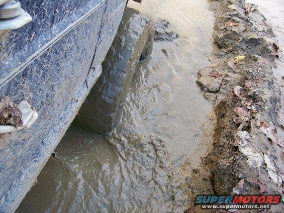 Muddy tire and fender of a vehicle in water and mud