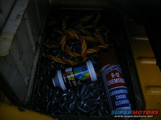 the tools in the jeep.  Everything i should need.  A tow rop, brake fluid, chains, and chemtool.  I carry tools around when i go fourwheeling though...dont want to take a chance of them getting stolen if i left them there permanently