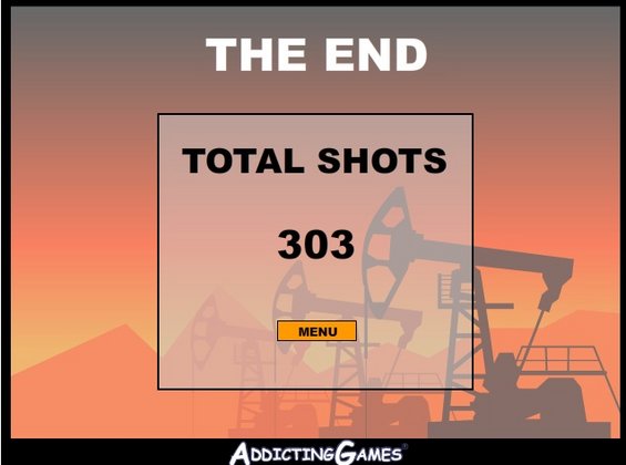 Game screen showing 'THE END' and 'TOTAL SHOTS 303' with oil pump jacks in the background