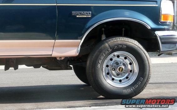 Dark blue and tan SUV side view showing wheel and 'BRONCO' badge. 1995 Ford Bronco