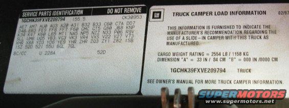 29glovebox.jpg [url=http://www.fordofkirkland.com/autocheck.aspx?vin=1GCHK39FXVE209794]AutoCheck VIN: 1GCHK39FXVE209794[/url]
Model code: CK30953 (4WD Ext. Cab Fleetside Long Bed DRW)
RPO Codes

Collected from:
http://www.gmheritagecenter.com/gm-heritage-archive/docs/Chevrolet-Trucks/1997-Chevrolet-Truck.pdf (p.59-61)
http://www.rpocodes.com 
http://www.gm-trucks.com/rpo-code-lookup/ 

AE7 : SEAT, FRT RECLINING SPLIT BENCH EASY ENTRY (INCLUDES STORAGE ARMREST, POWER LUMBAR)
AM7 : SEAT, RR, FLDG
AU0 : LOCK CONTROL, REMOTE ENTRY, KEYLESS ENTRY (DOMESTIC) 
AU3 : LOCK CONTROL, SIDE DR, ELEC
A20 : WINDOW, RR QUARTER VENT SWING OUT
A31 : WINDOW, POWER OPERATED, ALL DOORS
B32 : COVERING, FRT FLOOR MATS AUX
B33 : COVERING, REAR FLOOR MATS AUX
C60 : HVAC SYSTEM, AIR CONDITIONER FRT MAN CONTROLS
C7A : GVW RATING, 10000 LBS (INCLUDES R05 DUAL REAR WHEELS; INCLUDES U01 ROOF & TAILGATE MARKER LAMPS)
DD7 : MIRROR I/S, R/V, LT SENSITIVE, COMPASS 
D48 : MIRROR O/S, REM CONT, ELEC PAINTED
E63 : BODY EQUIPMENT, FLEETSIDE, PUBX
FE9 : CERTIFICATION, EMISSION, FEDERAL
FF6 : ARM, LH, TORSION BAR SPRING ADJ (E)
FF7 : ARM, RH, TORSION BAR SPRING ADJ (F)
F60 : SPRING FRONT, HEAVY DUTY
GMC : PLANT CODE PONTIAC, MI, USA
GT5 : AXLE REAR, 4.10 RATIO
G80 : AXLE POSITRACTION, LIMITED SLIP
JB8 : BRAKE, POWER, DISC, DRUM 10000 LBS
KNP : COOLING SYSTEM TRANS, HD
K34 : CRUISE CONTROL, AUT0MATIC, ELECTRONIC
K47 : AIR CLEANER HIGH CAPACITY
K60 : GENERATOR, 100 AMP
L65 : ENGINE, DIESEL, 8 CYL, 6.5L IDI. TURBO, HIGH OUTPUT 190HP/385FT-LB (INCLUDES FRONT BUMPER GUARDS; SECOND BATTERY DELETES UNDERHOOD STORAGE BOX)
MT1 : TRANSMISSION, 4 SPD, AUTO W/ELECT CONTROLS H.D. (HYDRA-MATIC 4L80-E)
NA5 : EMISSION SYSTEM, FEDERAL, TIER O
NP5 : LEATHER WRAPPED, STEERING WHEEL AND SHIFT KNOB
NZZ : OFF-ROAD SKID PLATES (ENGINE, FRONT DIFF, T CASE)
N33 : STEERING COLUMN, TILT TYPE
P06 : TRIM DISCS, WHEEL
R9V: CONTROL SALES ITEM NO. 96
SLL: SALES PROCESSING SOLD ORDERS
UM6 : RADIO, AM/FM STEREO, SEEK/SCAN, AUTO REV CASS,
UQ5 : SPEAKER SYSTEM, 4, DUAL FRT DR MTD, DUAL EXTD RGE
VB3 : BUMPER, RR, STEP, CHROME, IMPACT STRIP
VG3 : BUMPER FRT, IMPACT STRIP
VK3 : LICENSE PLATE, FRT MOUNTING PKG
VR4 : TRAILER HITCH, WEIGHT DISTRIBUTING PLATFORM (replaced)
VXS : VEHICLE COMPLETE
V22 : APPEARANCE PACKAGE: CHROME GRILL RADIATOR, DUAL HORNS, COMPOSITE HEADLAMPS
V27 : GUARDS, BUMPER, FRT
V73 : VEHICLE STATEMENT, USA/CANADA
XHR: TIRE: FRONT, LT225/75/R16D BL R/PE ST TL OOR
X88 : CONVERSION NAME PLATE CHEVROLET
YD3 : FRONT AXLE, BASE EQUIPMENT FOR SCHEDULING, GVW PLATE
YD6 : REAR SPRING, BASE EQUIPMENT
YE9 : CONVENIENCE PACKAGE, COMFORT & DECOR LEVEL #3
YHR: TIRE: REAR (DUAL), LT225/75R16D BL R/PE ST TL OOR
ZHR: TIRE: SPARE LT225/75R16D BL R/PE ST TL OOR
ZQR: COMFORT CONVENIENCE PACKAGE, TILT-WHEEL AND CRUISE CONTROL
ZY1 : COLOR COMBINATION, SOLID
Z82 : TRAILER PROVISIONS, SPECIAL EQUIPMENT, H.0.
1SB : OPTION PACKAGE 02
1SZ : DISCOUNT OPTION PACKAGE
52D : TRIM COMBINATION, CLOTH, LT NEUTRAL (D) (92)
52I : INTERIOR TRIM, LT NEUTRAL (I) (92)
55U : PRIMARY COLOR, EXTERIOR, LT AUTUMNWOOD
6GL: COMPONENT FRT LH COMPUTER SEL SUSP
7GL: COMPONENT FRT RH COMPUTER SEL SUSP

Collected from:
http://www.gmheritagecenter.com/gm-heritage-archive/docs/Chevrolet-Trucks/1997-Chevrolet-Truck.pdf (p.59-61)
http://www.rpocodes.com 
http://www.gm-trucks.com/rpo-code-lookup/ 

SOLD
1997 Chevy K3500 Silverado 205Kmi 4WD 1-ton dually

E-mail me thru my profile here or search CraigsList Memphis.
NEVER WRECKED - NO MAJOR REPAIRS
Most service was done at the dealership.
- 6.5L TurboDiesel (no smoke/leaks/rattles/squeaks)
- 4L80-E
- 4.10 PosiTrac 14-bolt 10.5&quot; FF DRW
- Light Autumnwood (camper matches)
- tilt cruise cassette PW/PL/PM/RKE
- leather steering wheel & shifter
- autodimming compass RV mirror
- single 34 gal tank
- new Curt Class V hitch receiver 
- factory skid plates (no scars)
- 7 Michelin X-Radials LT225/75R16
- 2 new batteries 2012 with stainless studded terminals

New Dorman LLT FSD 2013
Reman HydroBoost 2012
New injection pump 2010
New drivebelt 2010
New driver's inside door handle 2012
Trans flush 2010
New rear brake cylinders & shoes, axle seals 2010
New A/C compressor
New master cylinder 2009
New vacuum pump 2005
Ball joints & pitman arm 2004