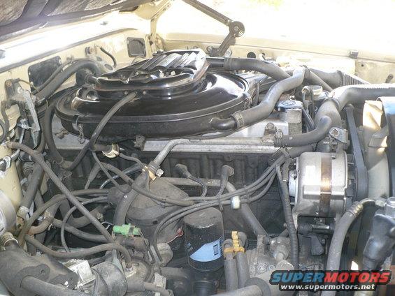 Engine bay of a 1986 Toyota Land Cruiser, showing the inline-six engine with air filter, alternator, and hoses