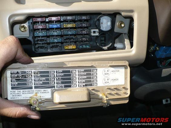 Fuse box cover with labels for various circuits like HEAD RH, HEAD LR, DOOR, TAIL, STOP, HAZ-HORN, ENGINE, TURN, WIPER, A/C, FOG, DEFOG, DOME, CHARGE, GAUGES, SPARE, HEATER, and POWER