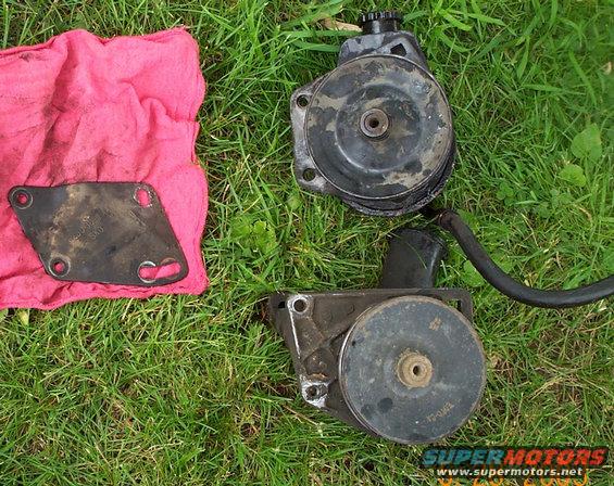 saginaw-001.jpg Here are all the parts. To the left is the stock engine mount bracket for the Power steering pump Top Right is the Saginaw Pump with the pump bracket and hose that came on it out of an 84 Econoline van. Bottom Roght is the Stock pump and its half of bracket (Gotta use the Van's high pressure line)