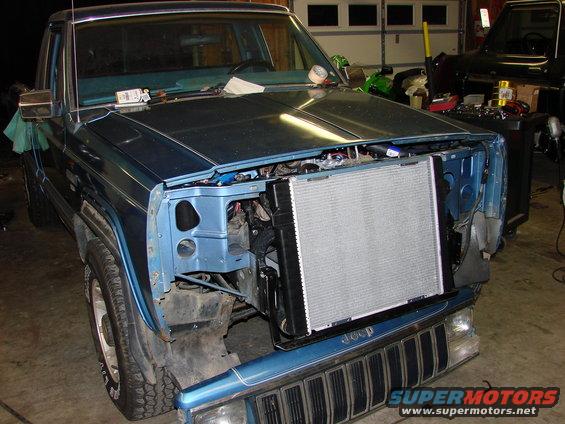 1991 Jeep Comanche front end disassembled, radiator exposed