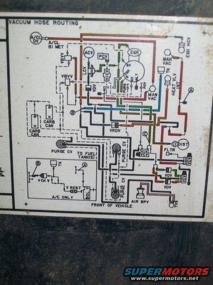 Vacuum hose routing diagram with component labels and colored lines