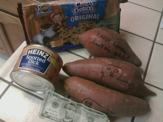 Bag of Keebler Chips Deluxe cookies, can of Heinz Spotted Dick sponge pudding, three sweet potatoes with drawings, and a five dollar bill