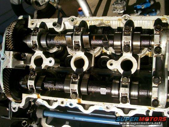 Close-up of engine camshafts and gears