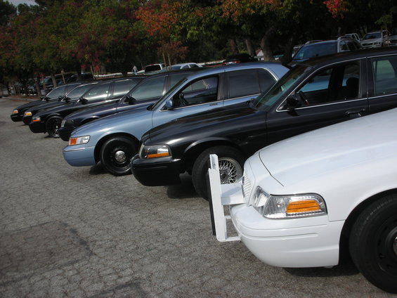 Row of police cars, mostly black Ford Crown Victorias, with one light blue and one white car in front, parked on asphalt
