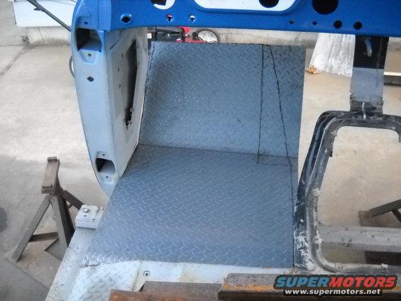 54-build--11072010-002.jpg 11-07-2010:  Today I had a couple hours to kill so I decided to do a little work on the 54 cab. 

I pulled out the templates I made for the floors last spring. I dug out a sheet of 14 gauge steel floor plate ( aka diamond plate ) . Then I traced out the driver side floor. I pulled out the jigsaw and made a couple cuts. Tried it out then marked out the bend. Then I clamped the metal down to the front crossbar on one of my trailers and bent the floor by hand.

Then I did another test fit. It's pretty close. I still need to do a little more trimming, then I can weld it in.  I'm going to try and get it welded in tomorrow. It felt good doing some work on this again!

In the first picture you can see the marks on the floor. They show how wide the firewall recess is going to be.  I'm going to have to mount the gas pedal on the firewall recess.