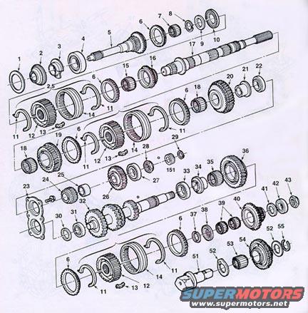 Diagram of transfer case components with numbered parts and Supermotors.net logo