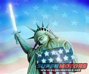 Statue of Liberty holding sword and shield against American flag background with SuperMotors logo