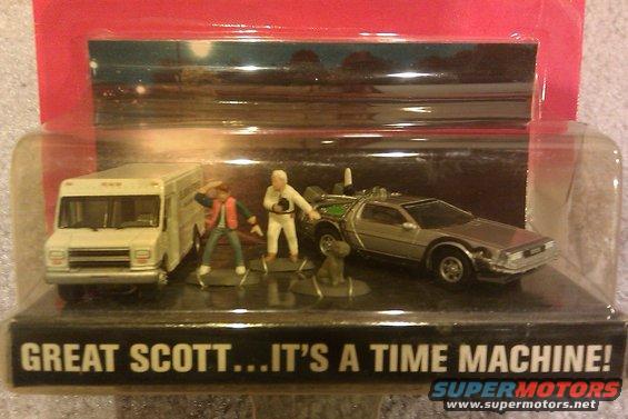 Toy set with DeLorean time machine, Marty McFly, Doc Brown, Einstein the dog, and a delivery van