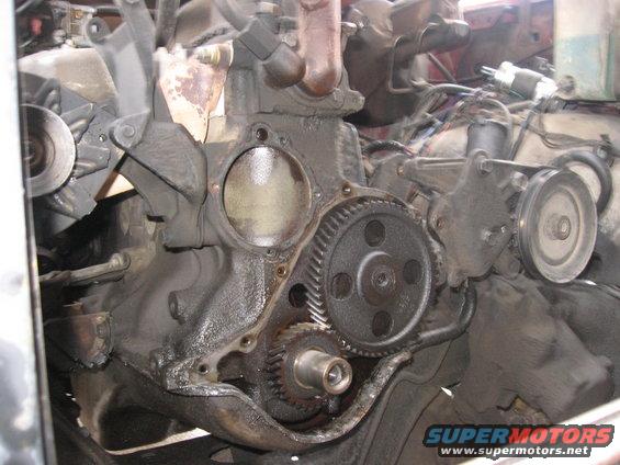 close-up of engine timing gears and related components