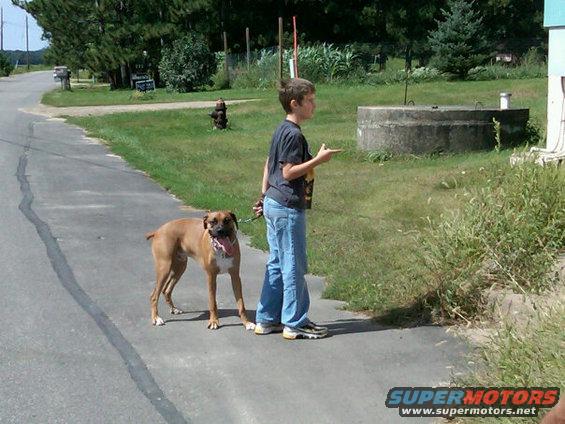 Boy with boxer dog on leash standing on a paved path next to a grassy area
