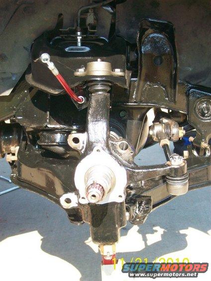 close-up of vehicle's front suspension parts, painted black