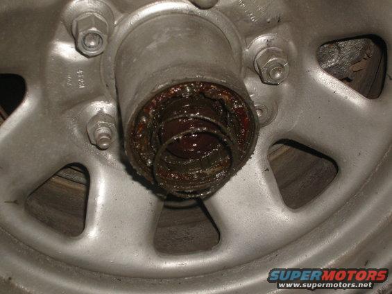 Close-up of a greasy wheel hub with a spring inside