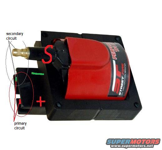 red ignition coil with "STREET FIRE" label, showing primary and secondary circuits
