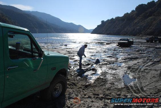 Green 1992 Ford F-150 pickup truck, front quarter view, parked on muddy shore