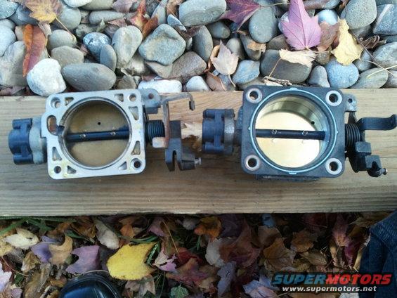Two throttle bodies, one silver and one black, on a wooden surface with rocks and leaves