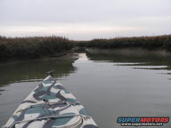 Kayak with camouflage pattern moving through a narrow waterway with marshy banks