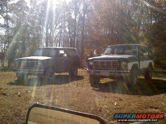 Two Ford Broncos parked in a grassy field with trees in the background