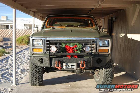 1982 Ford Bronco front view with Christmas wreath and winch
