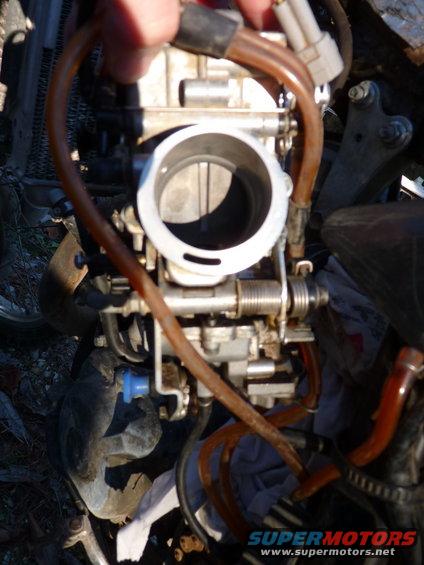 Close-up of a motorcycle carburetor with brown fuel lines attached