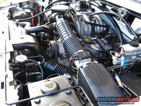 Engine bay with black air intake hose and various hoses and wires
