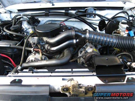 Engine bay with air intake, alternator, and hoses visible