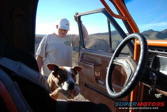 1982 Ford Bronco interior with roll cage, dog, and man by open door