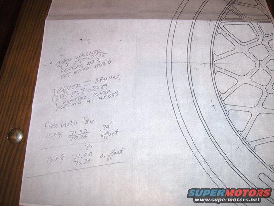 Diagram of a wheel with handwritten notes listing Firebird '80 and '81 specs