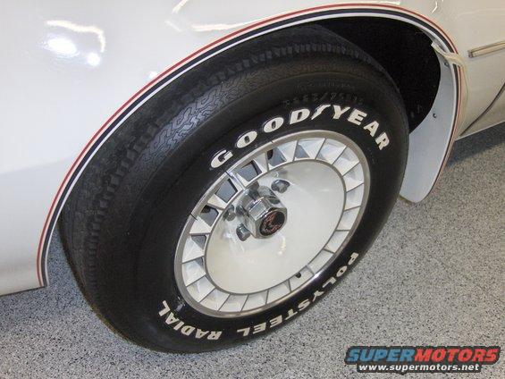 White car wheel with red and blue pinstripes on fender, Goodyear Radial Polysteel tires