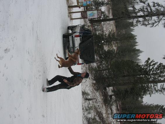 1995 Ford Bronco rear view in snow with man and dog