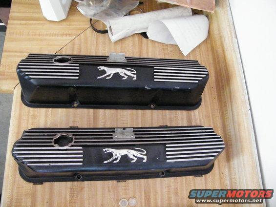 Two black engine valve covers with silver stripes and a cougar emblem