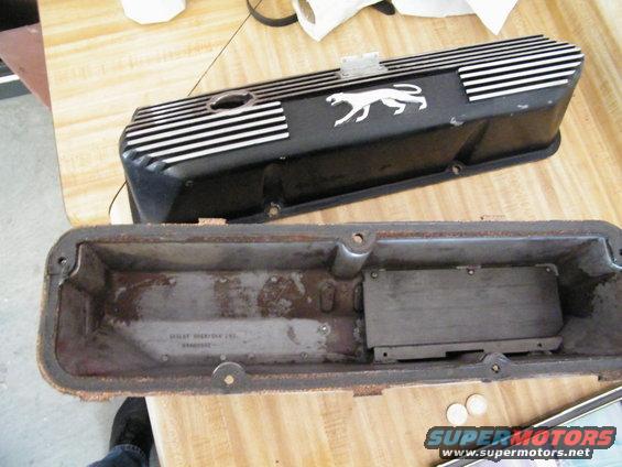 Black valve cover with silver stripes and a cougar emblem
