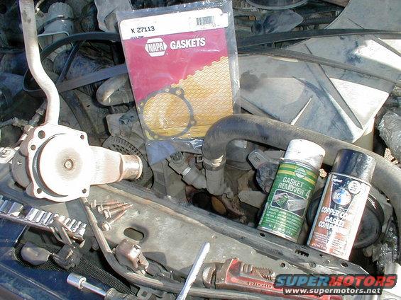 watergasket.jpg Replacing a leaky water pump gasket.  I'm a big fan of CopperCoat; not only on the pump's gasket surface (never on the block), but also on the hose nipples.
IF THE IMAGE IS TOO SMALL, click it.

On any used WP, check the impeller blades for erosion or damage:

[url=https://www.supermotors.net/registry/media/173189][img]https://www.supermotors.net/getfile/173189/thumbnail/23-waterpump.jpg[/img][/url]

Also check that the impeller is still firmly-attached to the pump shaft.