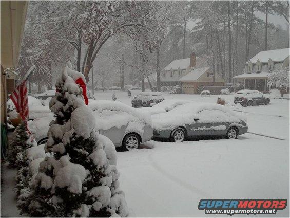 snowy street with cars parked and covered in snow, houses in background, christmas tree with santa hat