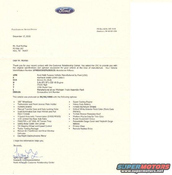 Ford Customer Relationship Center document detailing a 1996 vehicle