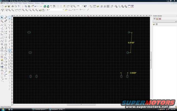Technical drawing on a grid with dimensions 6.8750" and 2.0300", showing bolt patterns