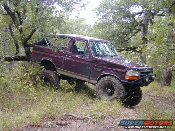 Purple 1996 Ford Bronco off-roading, front-right tire elevated on a tree branch