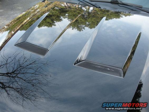 Black car hood with two prominent, angled vents with grilles. Reflections of trees and sky are visible