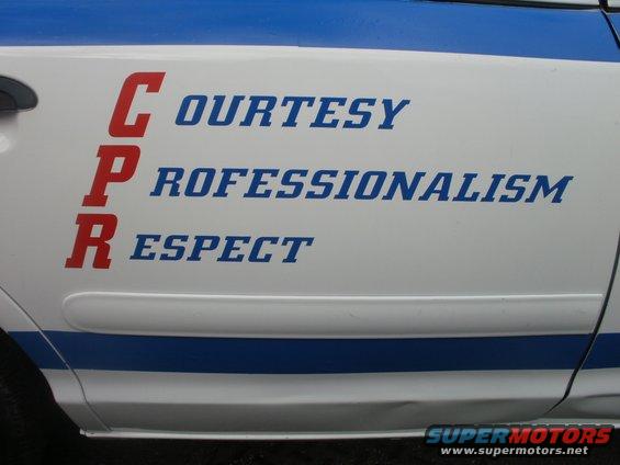 White car side panel with blue stripes and red/blue text reading CPR: COURTESY, PROFESSIONALISM, RESPECT