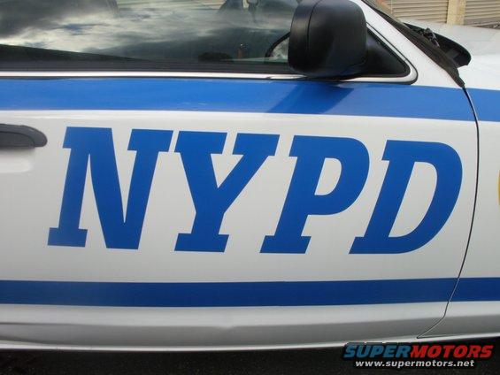 Side view of NYPD car door with blue lettering