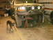 1995 Ford Bronco - A dog walks past a Ford truck that is raised on jack stands inside a garage.